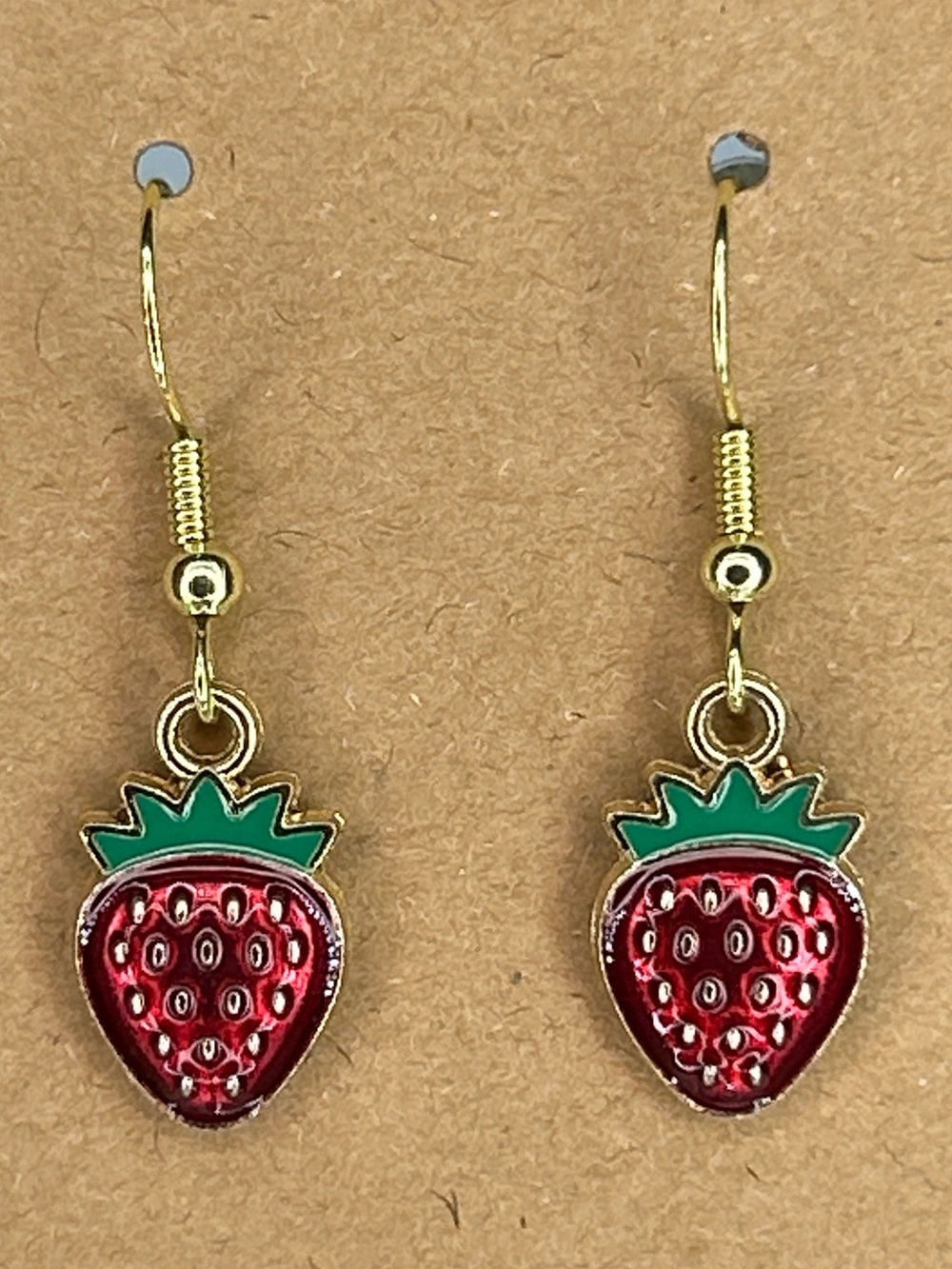 Gold-Tone Red Strawberry Drop Earrings with Green Tops Fashion Jewelry